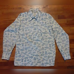 Vintage Men's 60's/70's Big Collar Button Down Shirt Hunt Scene Print Graphic